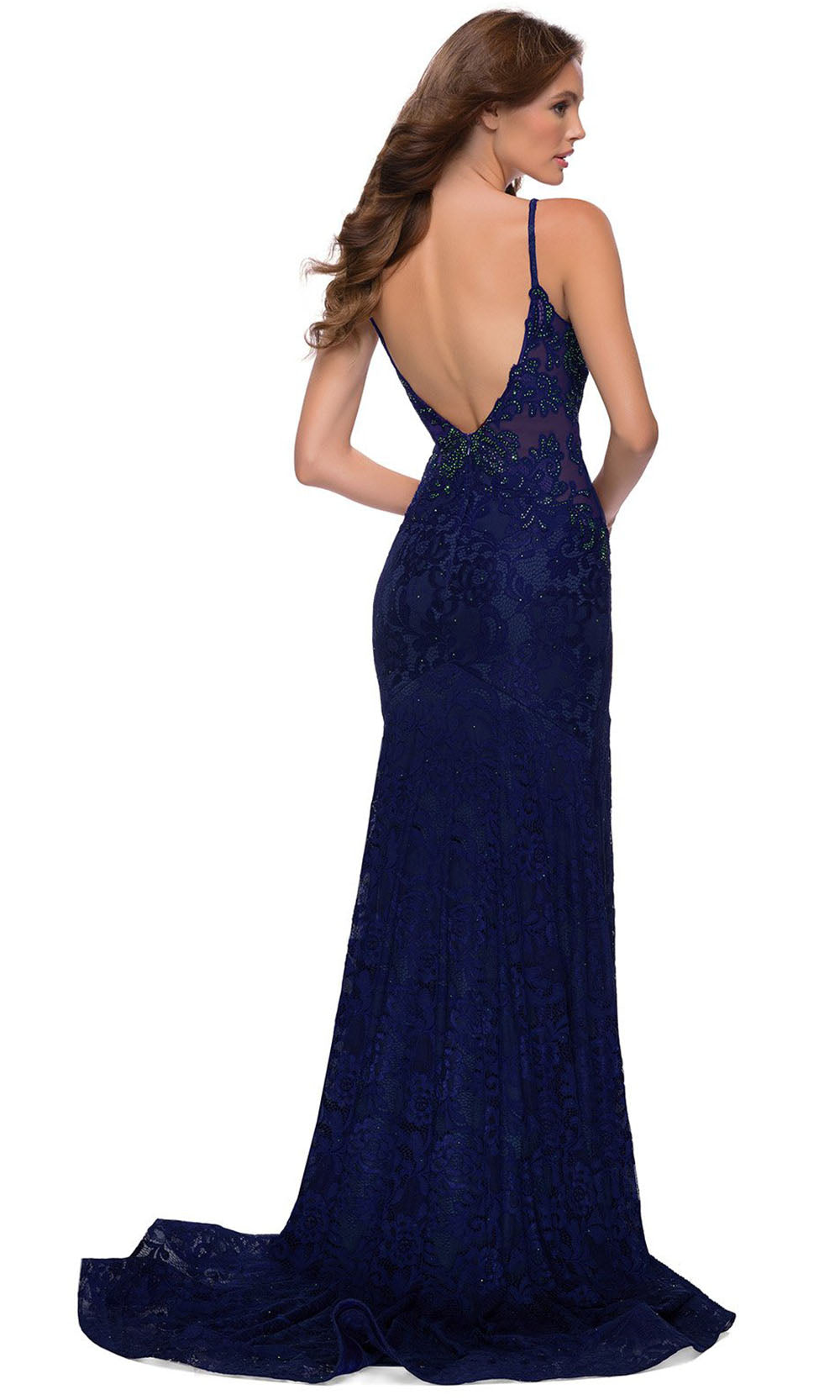 La Femme - 29679 Jeweled Applique High Slit Dress In Blue