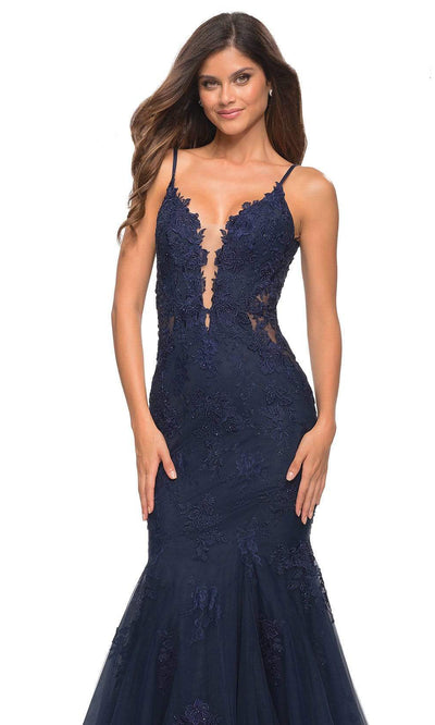 La Femme - 29680 Sleeveless Lace Mermaid Gown In Blue