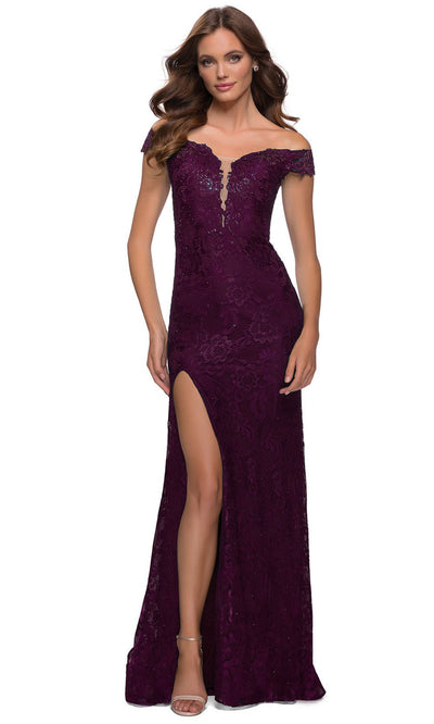 La Femme - 29693 Off Shoulder High Slit Lace Dress In Purple