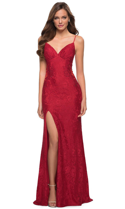 La Femme - 29694 Appliqued Sheer Cutout Long Dress In Red