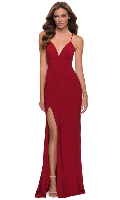 La Femme - 29708 V-Neck High Slit Jersey Dress In Red