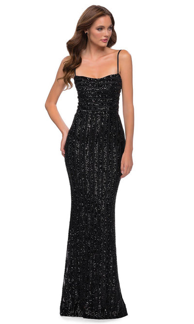 La Femme - 29713 Straight Across Sequin Long Dress In Black