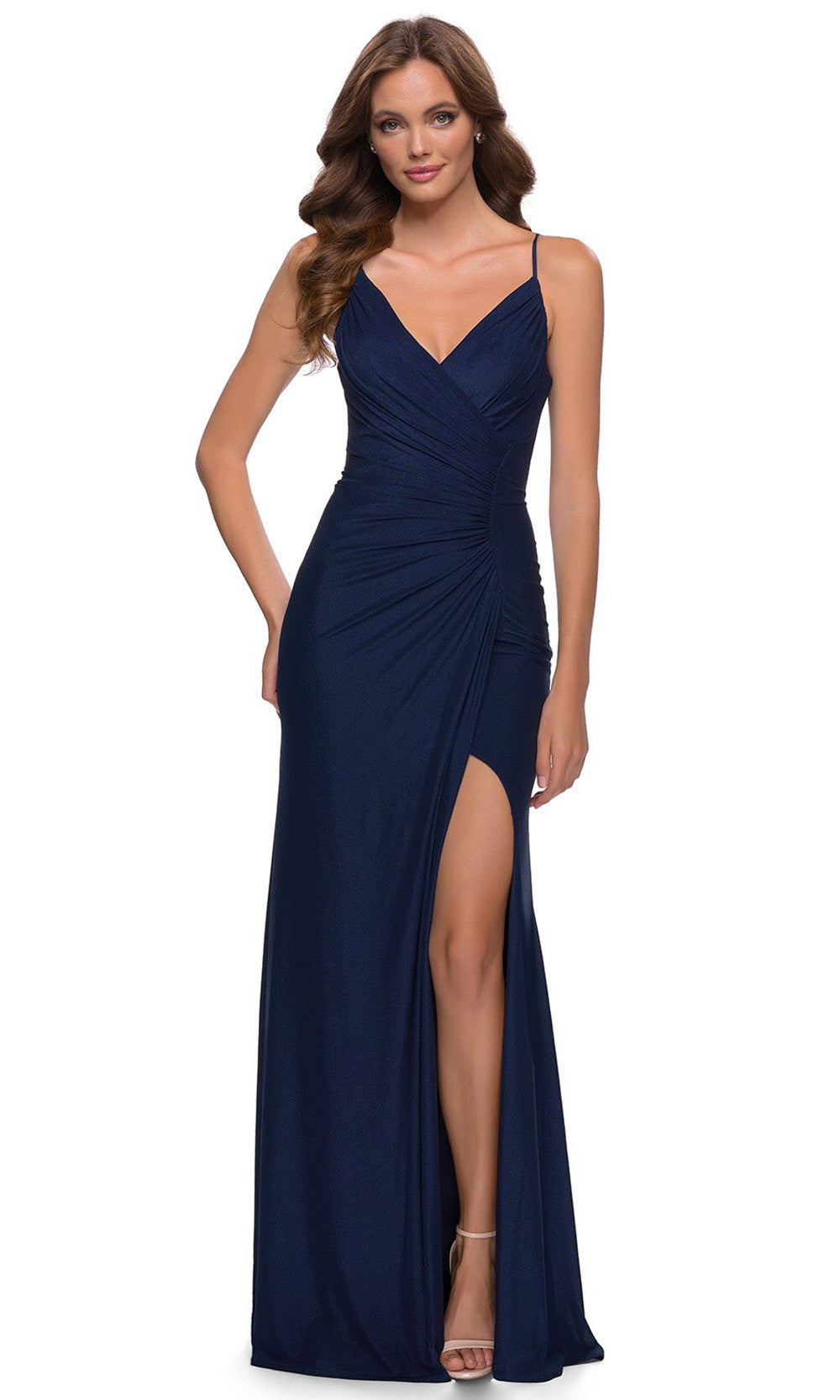 La Femme - 29736 V Neck High Slit Column Dress In Blue