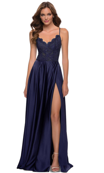 La Femme - 29760 Scallop V Neck Lace Top A-Line Dress In Blue
