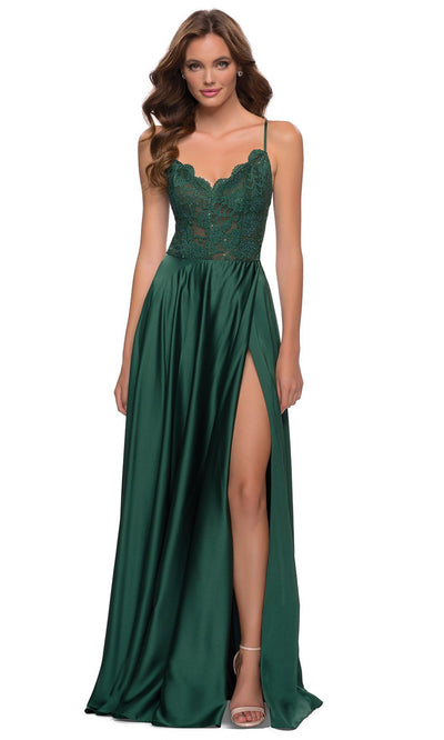 La Femme - 29760 Scallop V Neck Lace Top A-Line Dress In Green
