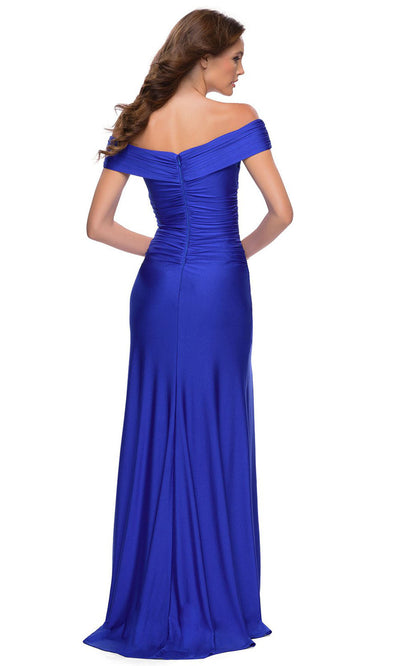 La Femme - 29781 Off Shoulder High Slit Jersey Dress In Blue