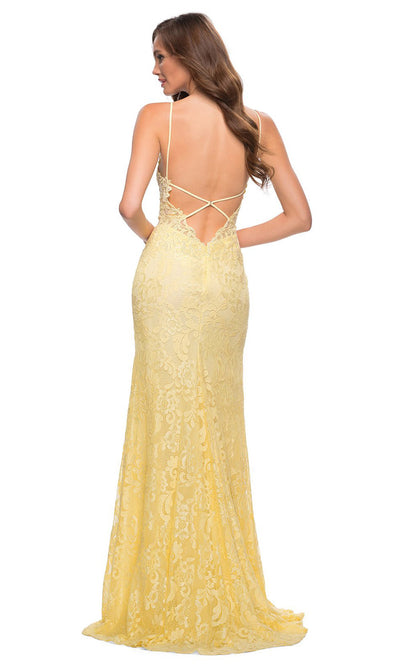 La Femme - 29842 Plunging Neck Laced Sheath Dress In Yellow