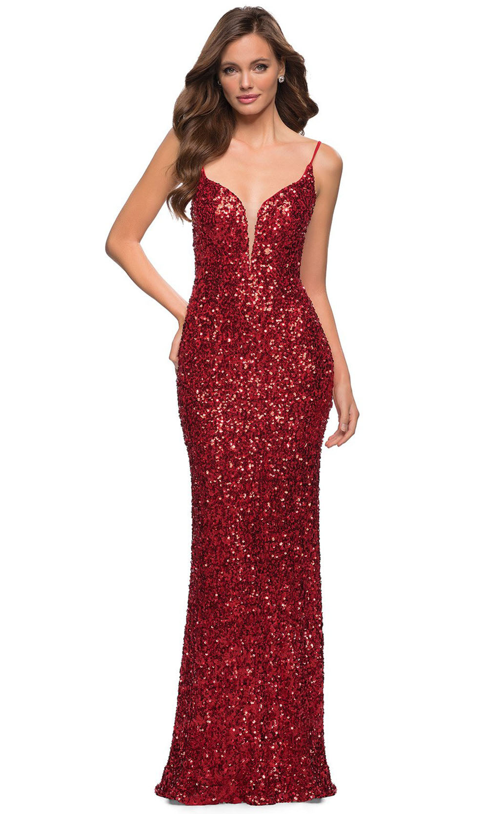 La Femme - 29872 Strappy Back Sequin Dress In Red