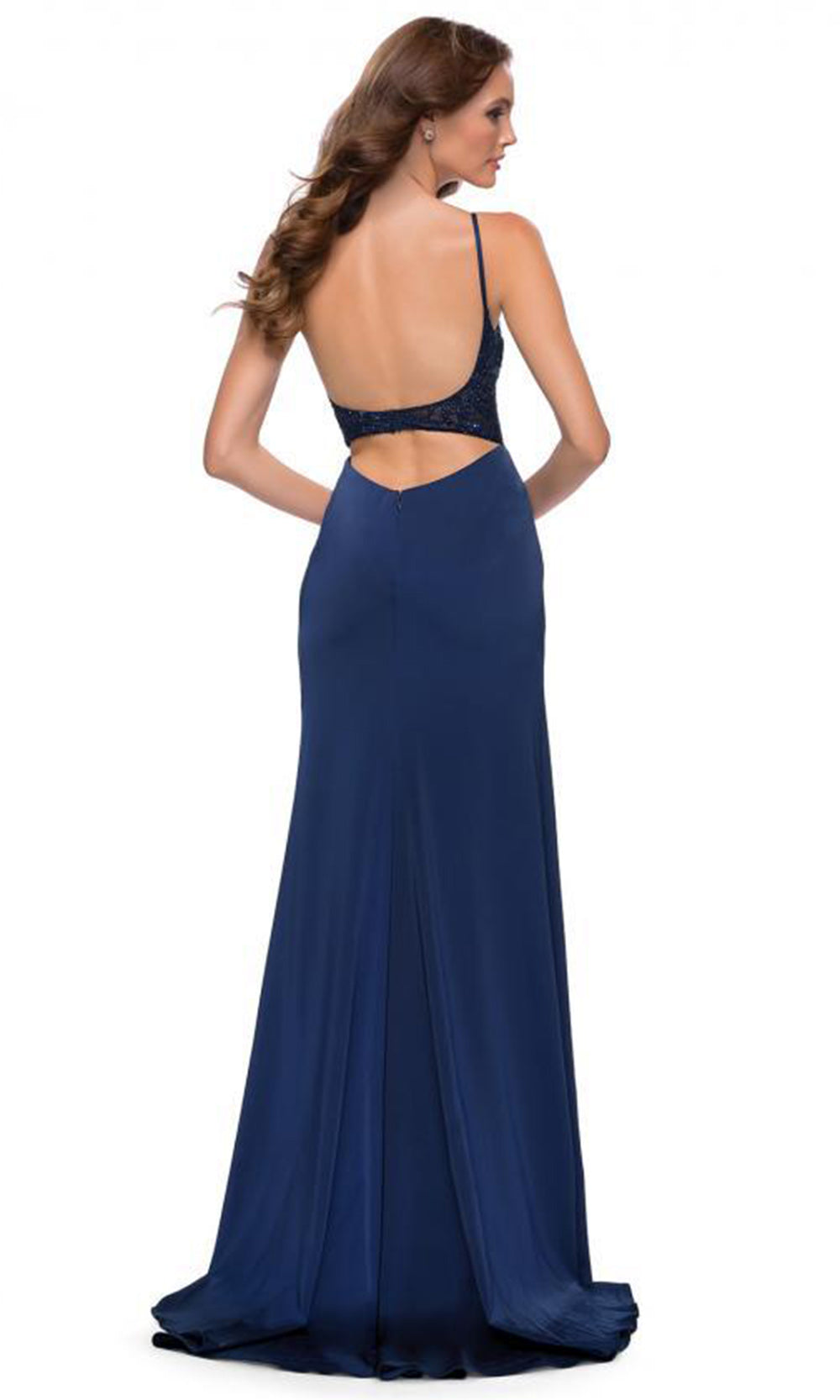 La Femme - 29888 Scoop Back Lace Top Dress In Blue