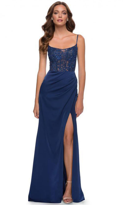 La Femme - 29888 Scoop Back Lace Top Dress In Blue