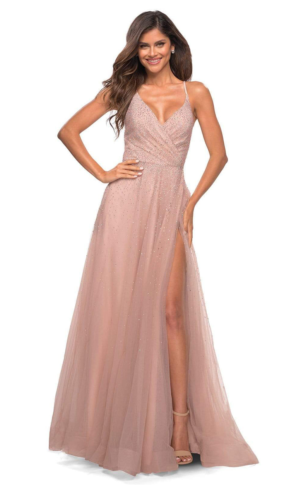 La Femme - 29920 A-Line Beaded Allover Long Dress In Pink and Neutral