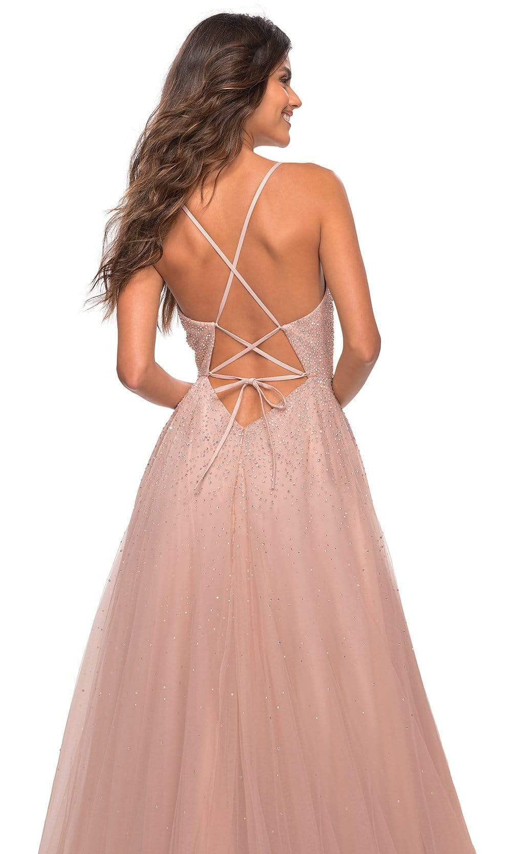 La Femme - 29920 A-Line Beaded Allover Long Dress In Pink and Neutral