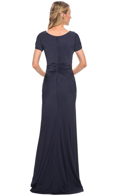 La Femme - 29926 V Neck Short Sleeved Draped Dress In Blue