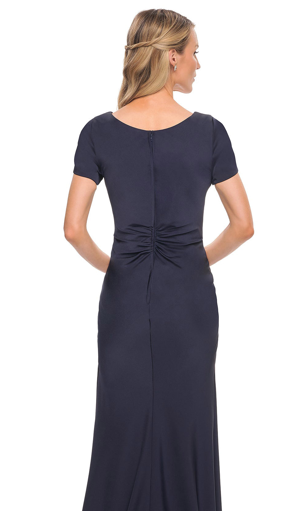 La Femme - 29926 V Neck Short Sleeved Draped Dress In Blue