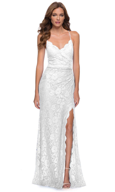 La Femme - 29939 Scalloped V-Neck Long Lace Dress In White & Ivory
