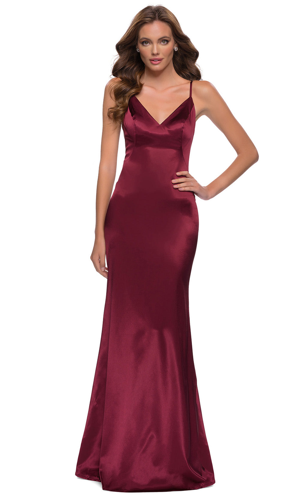 La Femme - 29960 Sleeveless V-Neck Stretch Satin Sheath Gown In Burgundy