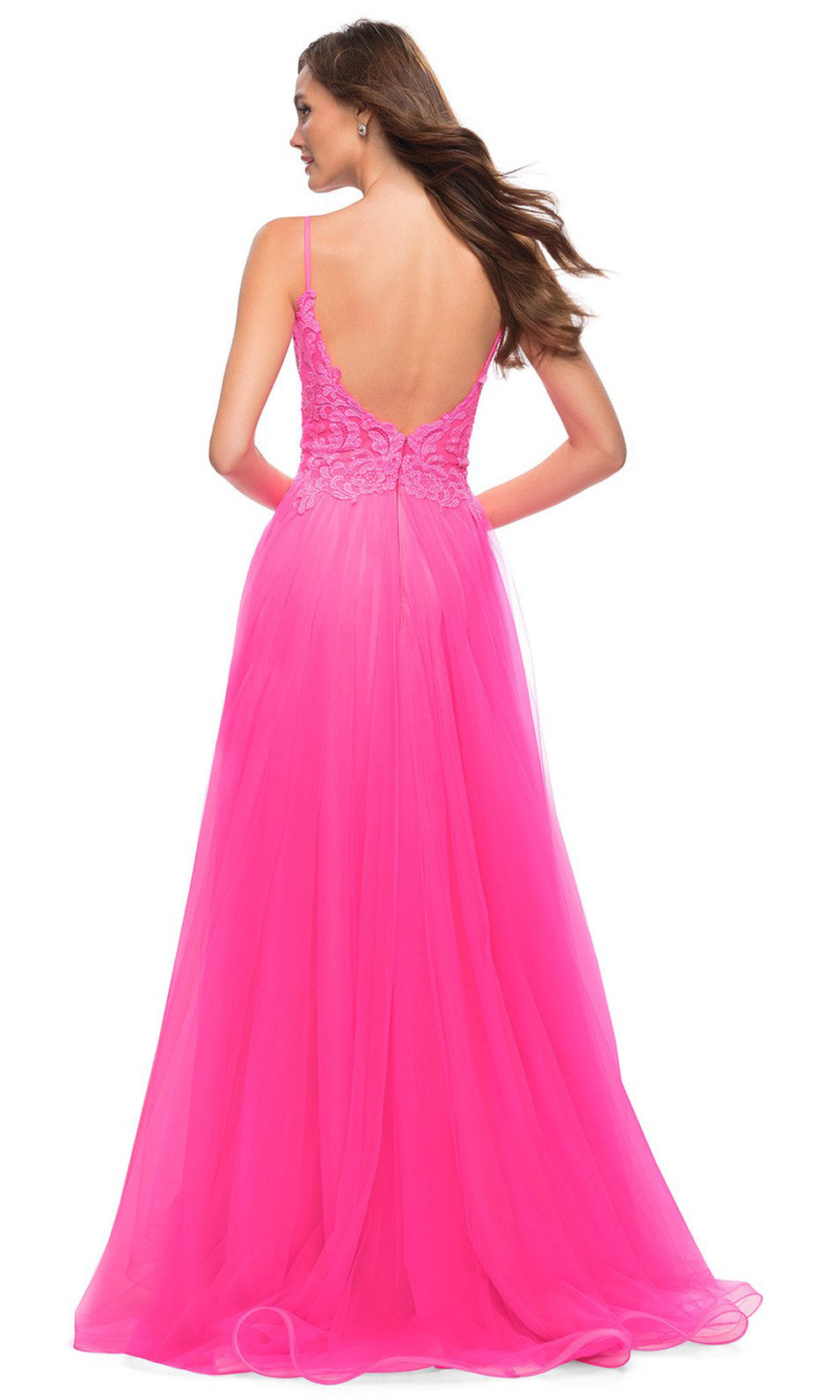 La Femme - 29964 Plunging Neck Lace Tulle Long Dress In Pink