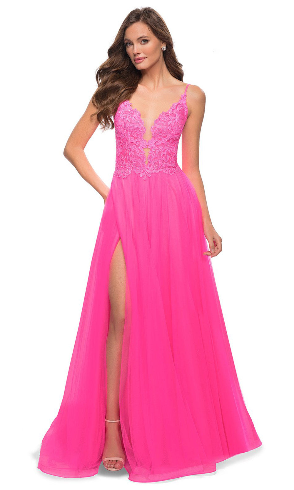 La Femme - 29964 Plunging Neck Lace Tulle Long Dress In Pink