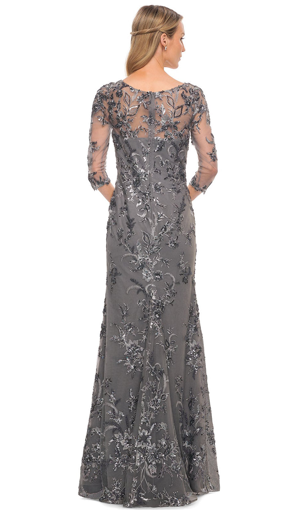 La Femme - 29976 Embellished Sheer Lace Long Dress In Gray