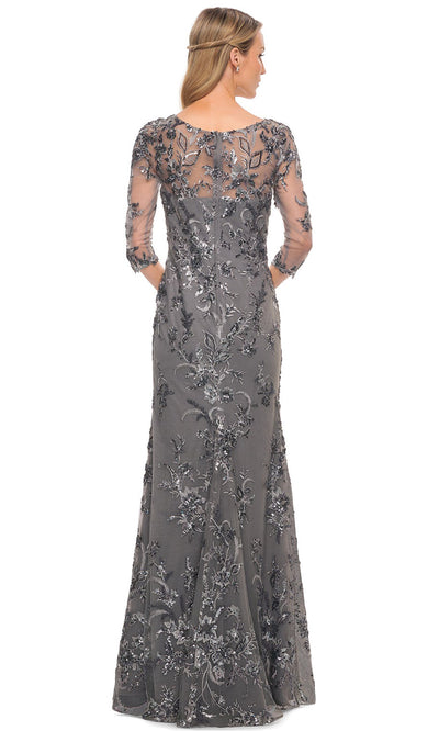 La Femme - 29976 Embellished Sheer Lace Long Dress In Gray