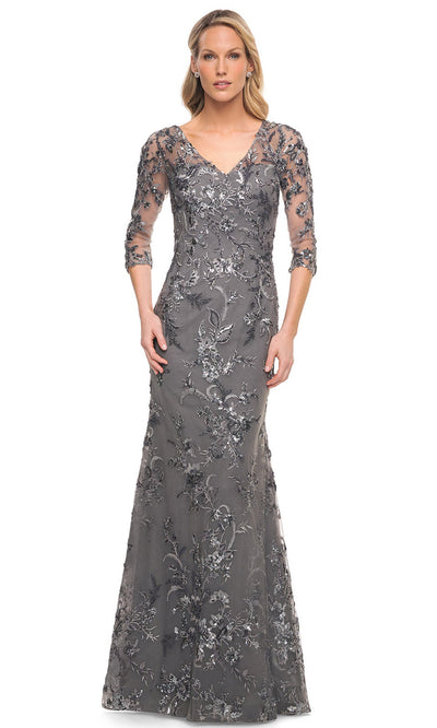 La Femme - 29976 Embellished Sheer Lace Long Dress In Gray