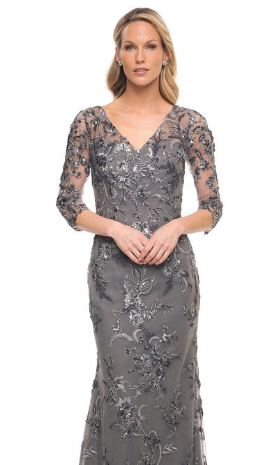 La Femme - 29976 Embellished Sheer Lace Long Dress In Gray
