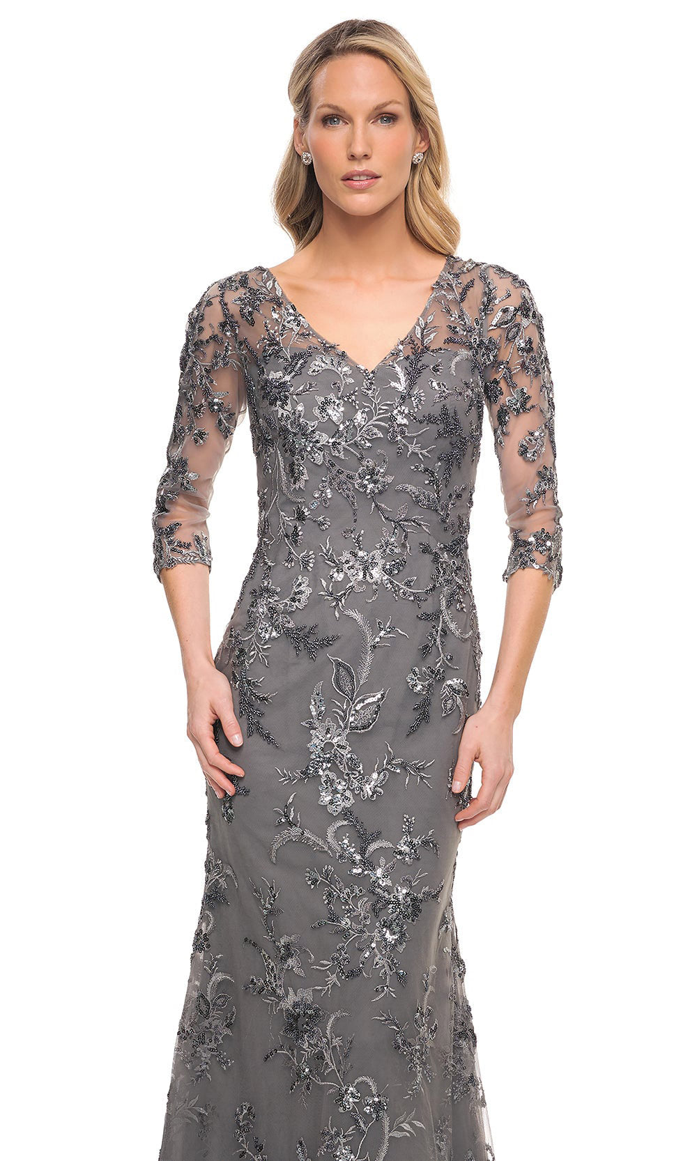 La Femme - 29976 Embellished Sheer Lace Long Dress In Gray