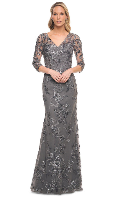 La Femme - 29976 Embellished Sheer Lace Long Dress In Gray