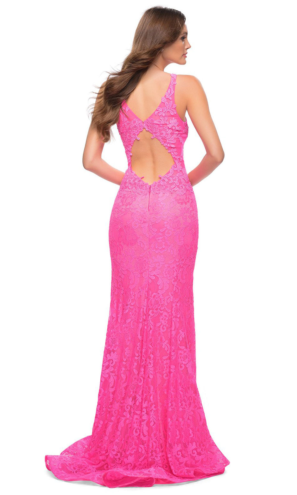 La Femme - 29978 Deep V-Neck Lace Dress In Pink
