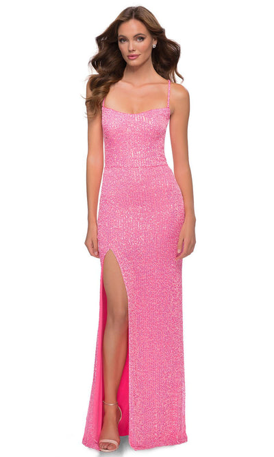 La Femme - 29986 Straight Across Sequin Open Back Dress In Pink
