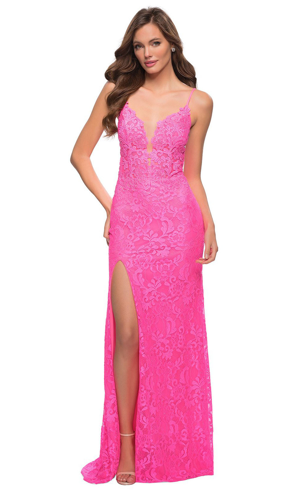 La Femme - 29987 High Slit Lace Long Dress In Pink