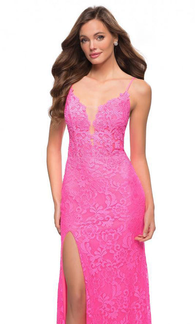 La Femme - 29987 High Slit Lace Long Dress In Pink