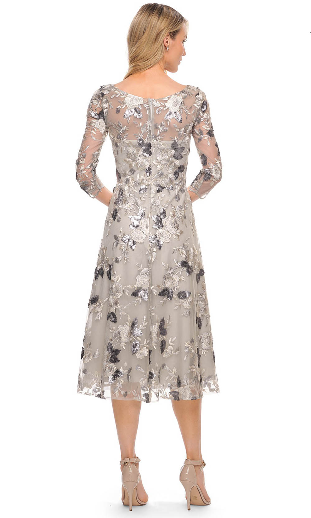La Femme - 29988 Floral Appliqued Tea Length Dress In Silver