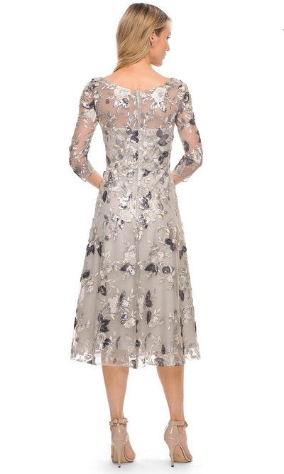 La Femme - 29988 Floral Appliqued Tea Length Dress In Silver