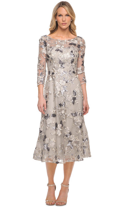 La Femme - 29988 Floral Appliqued Tea Length Dress In Silver