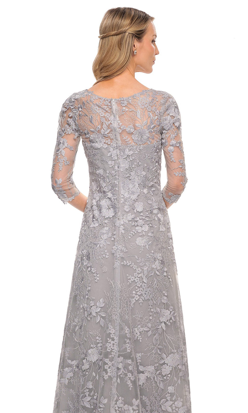 La Femme - 29989 Embroidered Quarter-Length Sleeves Long Dress In Silver