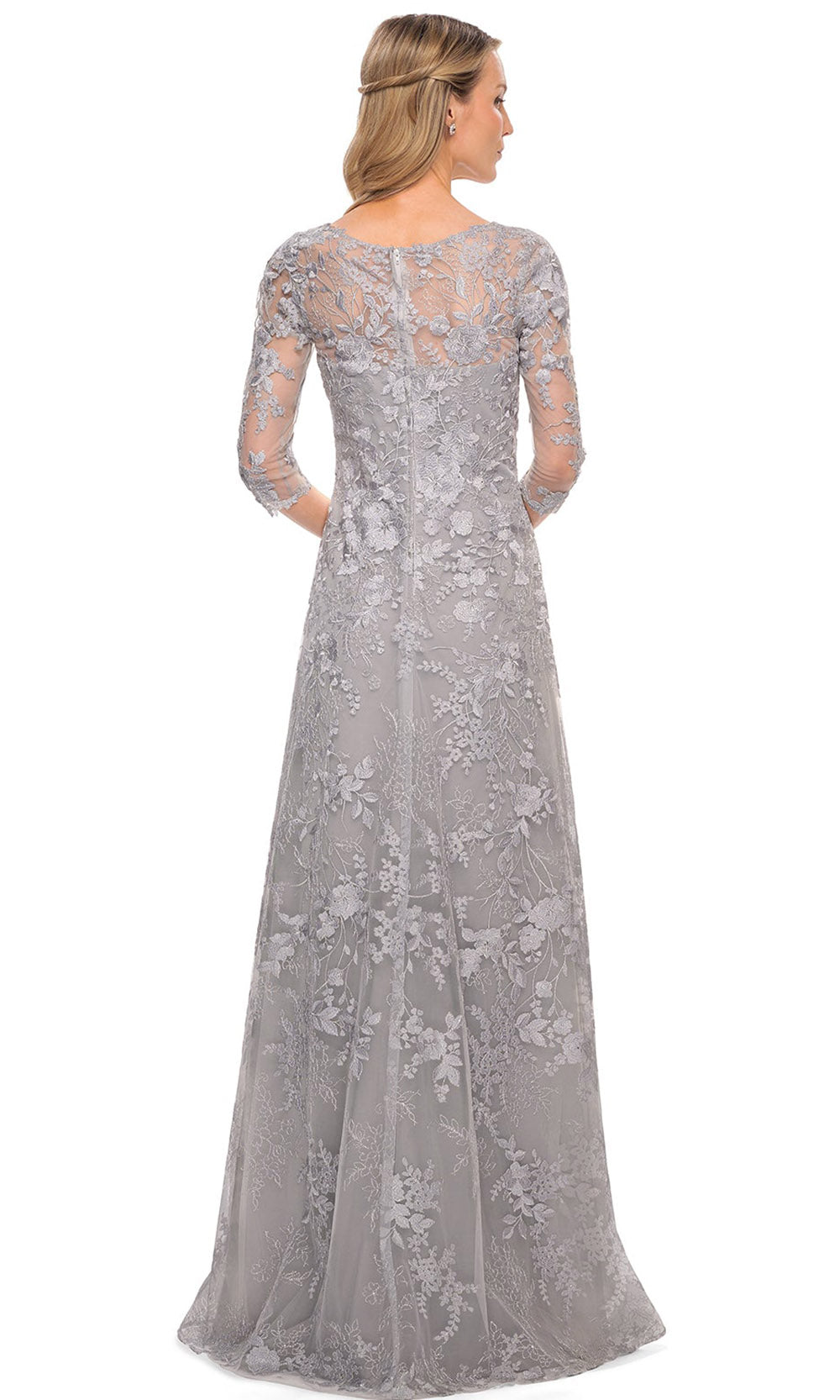 La Femme - 29989 Embroidered Quarter-Length Sleeves Long Dress In Silver