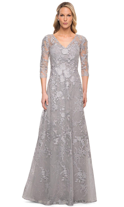 La Femme - 29989 Embroidered Quarter-Length Sleeves Long Dress In Silver