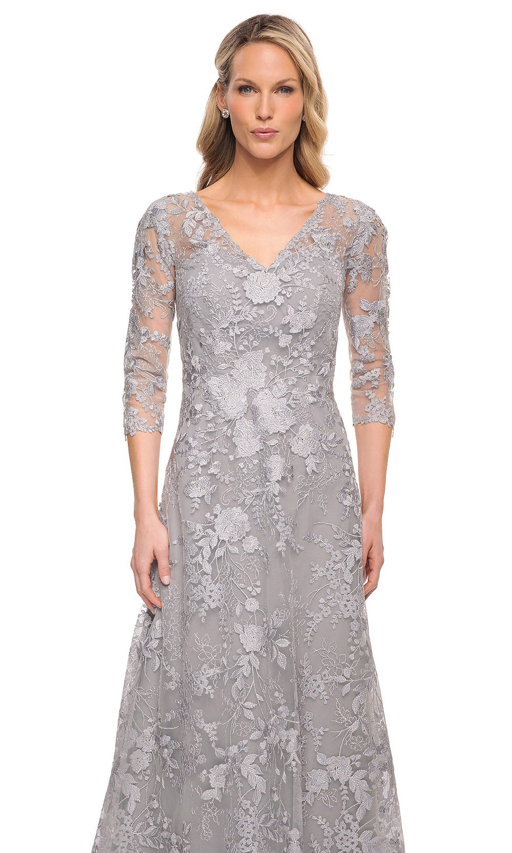 La Femme - 29989 Embroidered Quarter-Length Sleeves Long Dress In Silver