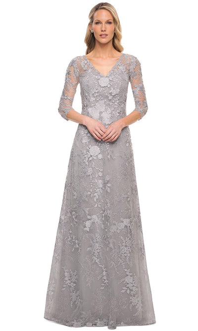 La Femme - 29989 Embroidered Quarter-Length Sleeves Long Dress In Silver