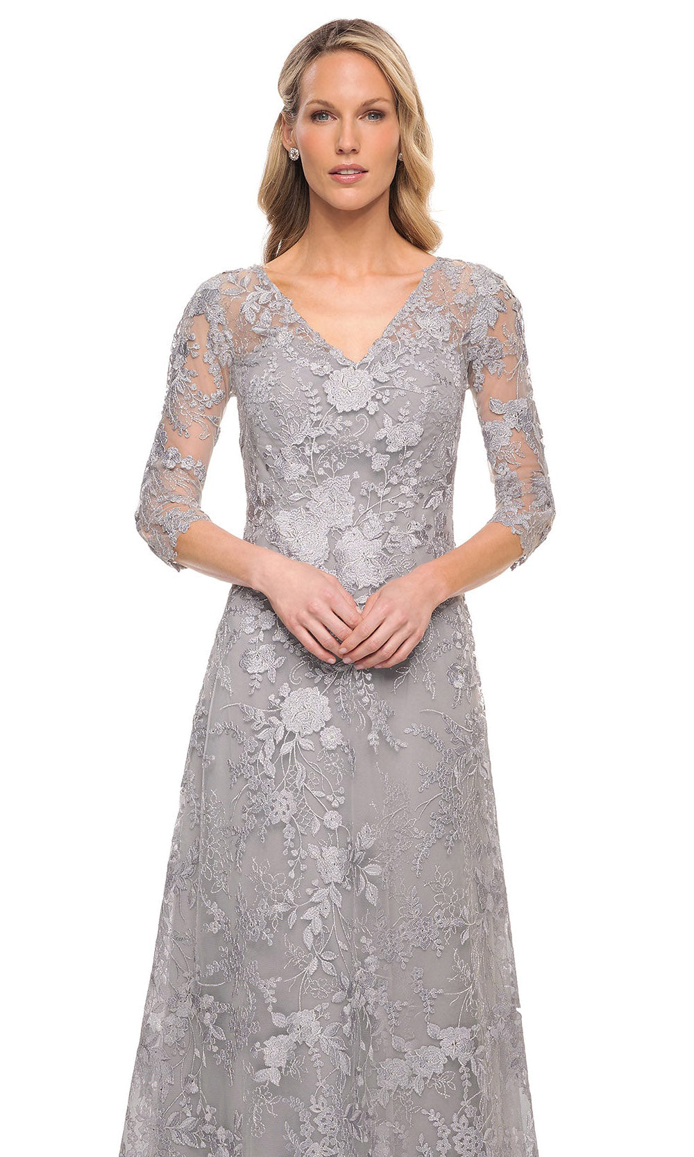 La Femme - 29989 Embroidered Quarter-Length Sleeves Long Dress In Silver