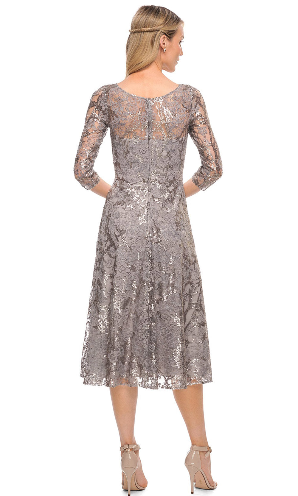 La Femme - 29993 Illusioned Jewel Neckline Tea Length Dress In Silver
