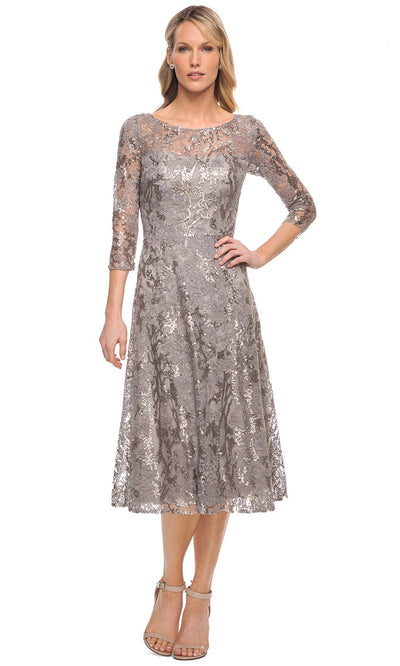 La Femme - 29993 Illusioned Jewel Neckline Tea Length Dress In Silver