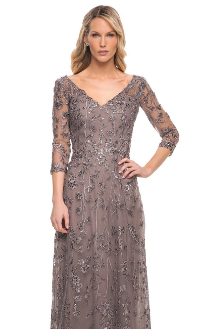 La Femme - 29994 Embellished V-Neck Sheath Dress In Gray