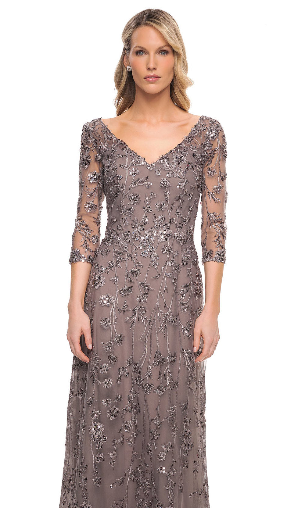 La Femme - 29994 Embellished V-Neck Sheath Dress In Gray