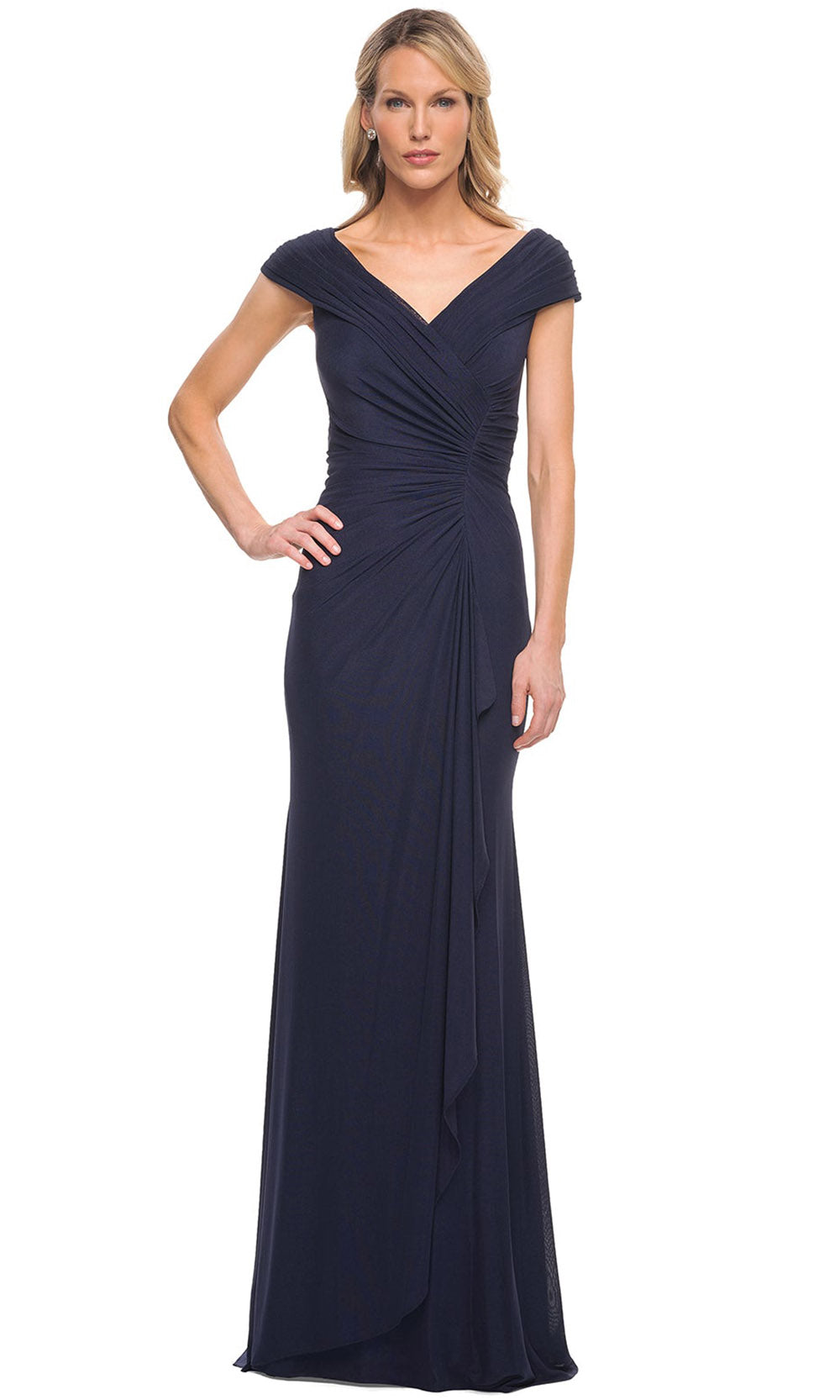 La Femme - 29996 Flattering Jersey Ruched V Neckline Gown In Blue