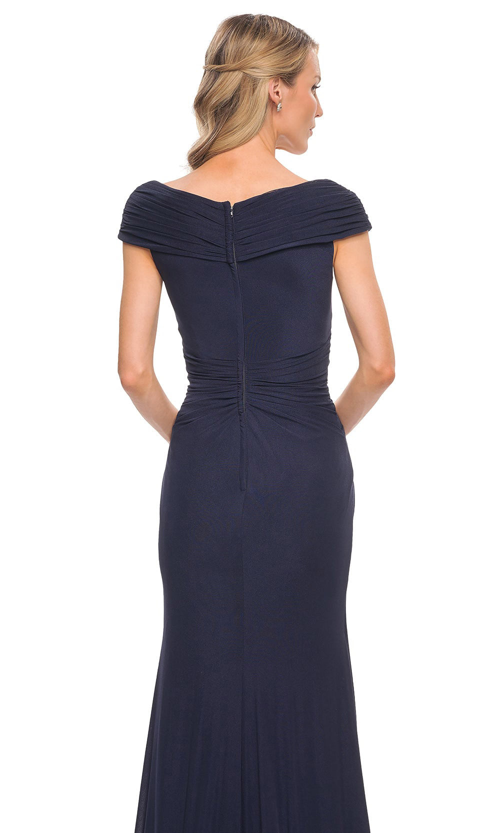 La Femme - 29996 Flattering Jersey Ruched V Neckline Gown In Blue