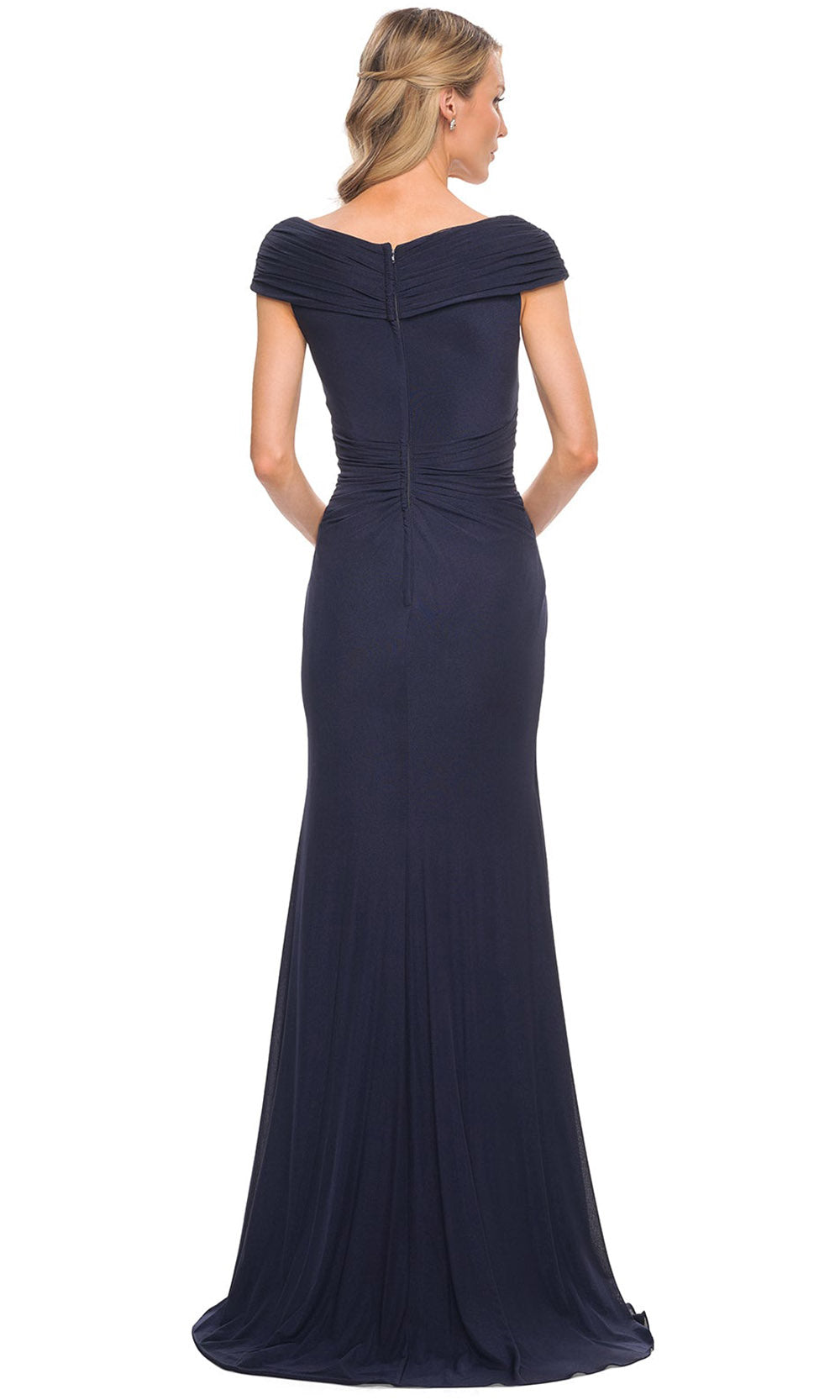 La Femme - 29996 Flattering Jersey Ruched V Neckline Gown In Blue