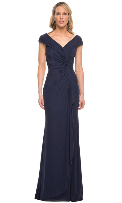 La Femme - 29996 Flattering Jersey Ruched V Neckline Gown In Blue