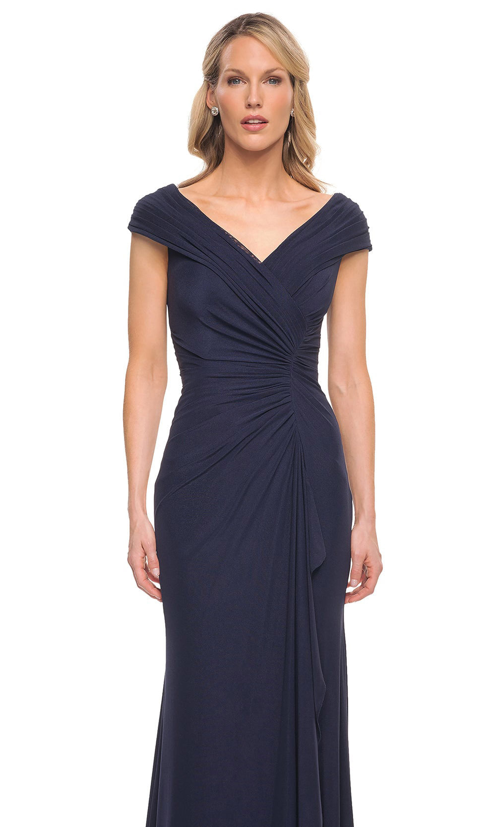 La Femme - 29996 Flattering Jersey Ruched V Neckline Gown In Blue